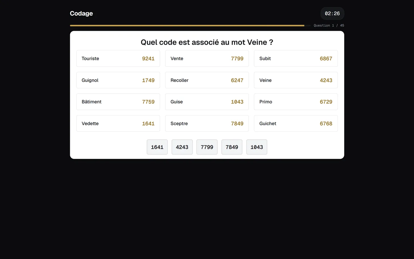L'épreuve Codage en cours : grille de mots et codes à associer, 45 questions chronométrées