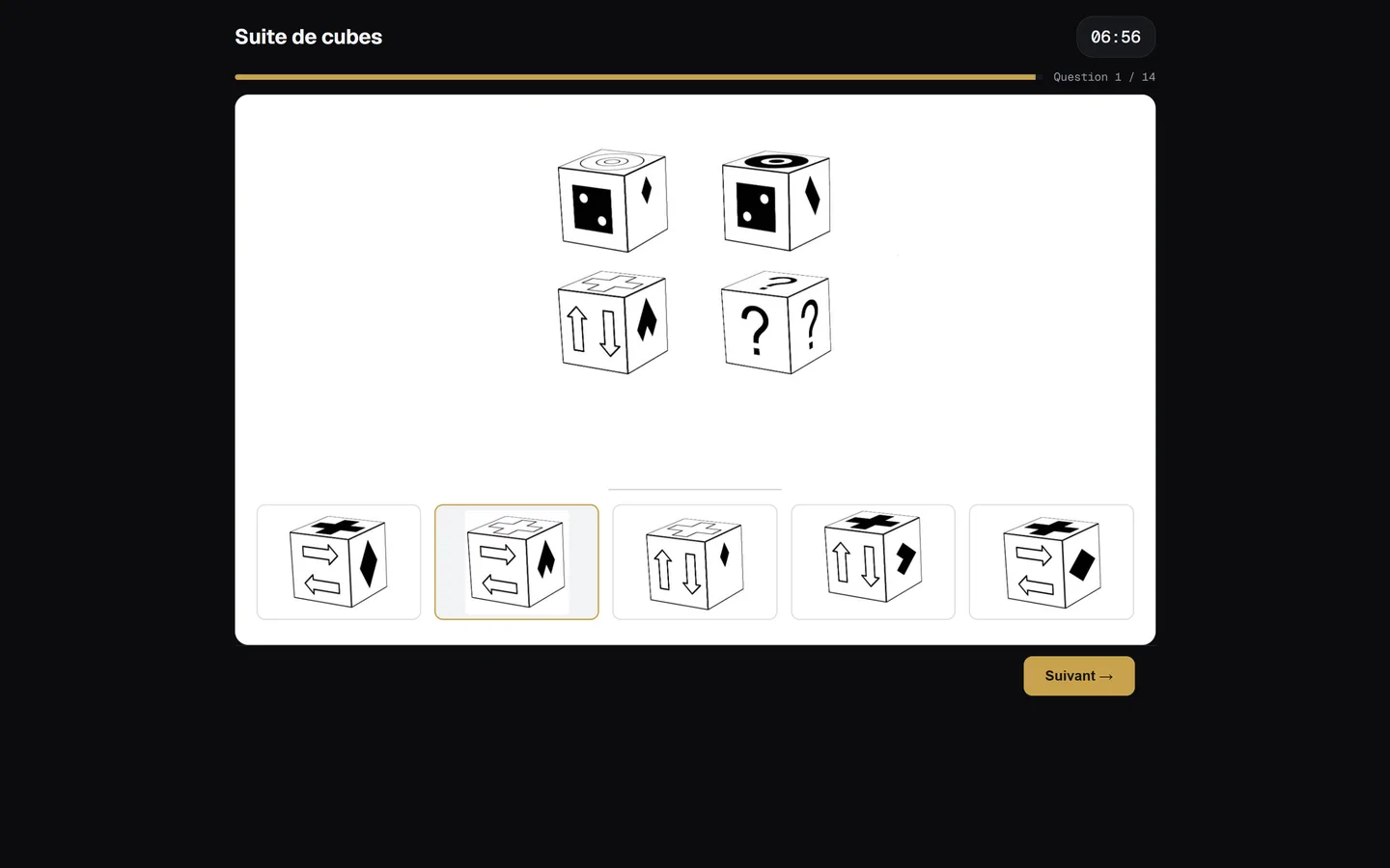 Une question de l'épreuve Suite de cubes en cours, avec chronomètre