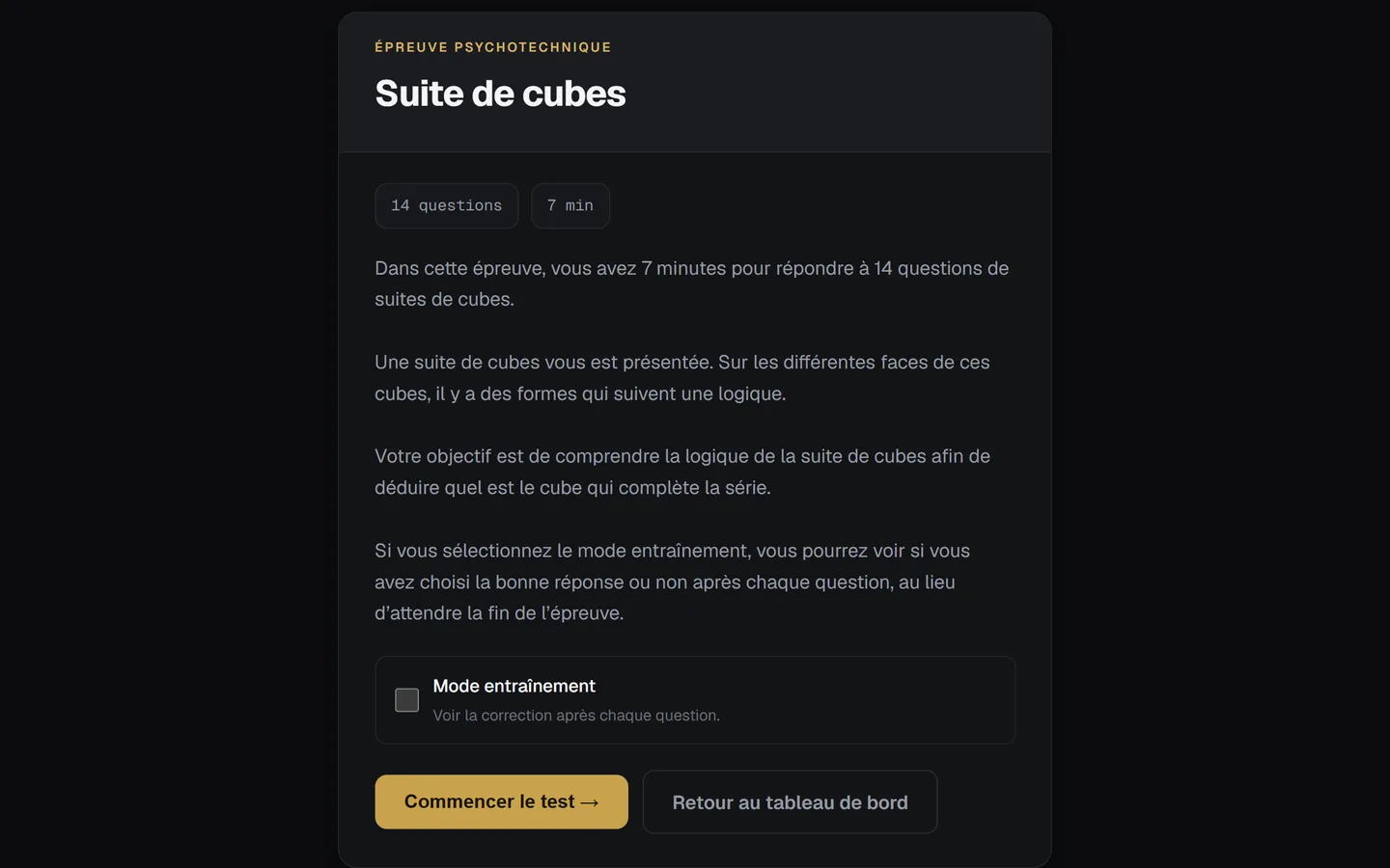 L'écran de lancement d'une épreuve : consignes, durée et mode entraînement avec correction