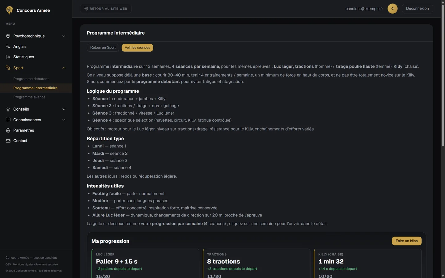 La page d'un programme sport : logique des 4 séances par semaine et répartition type
